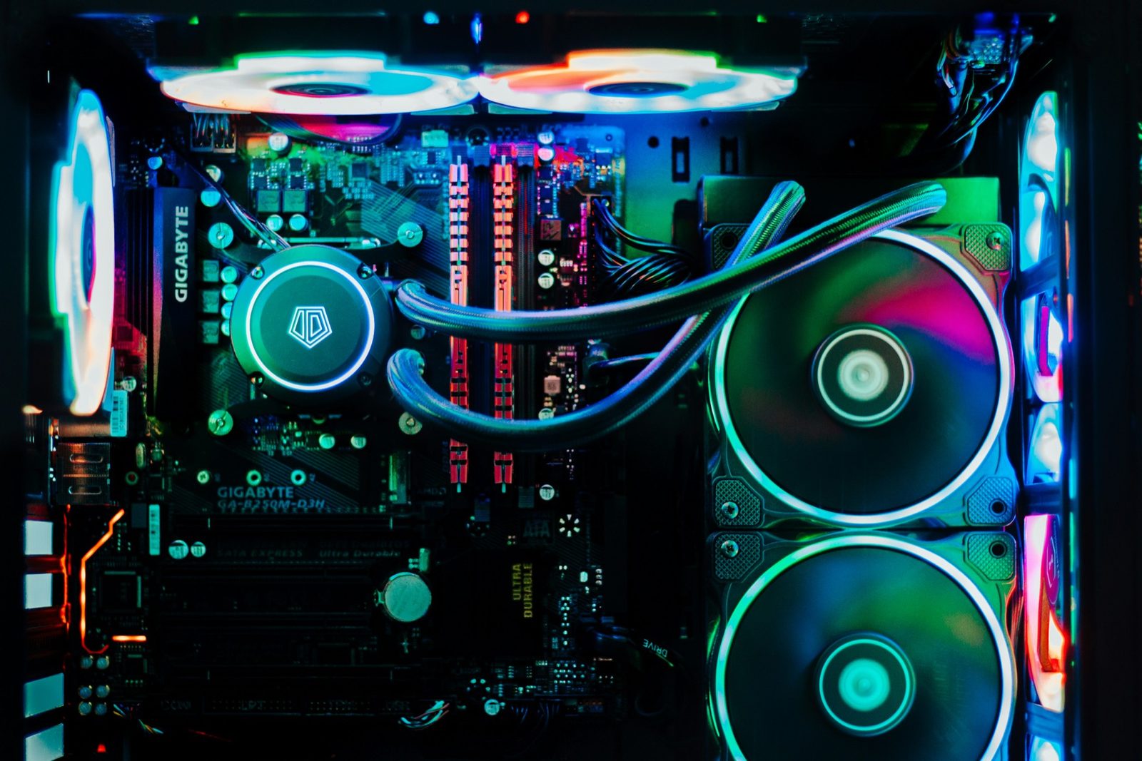 A finished Howard Resource Group custom PC build, cable-managed and lit, on the workbench in Dawsonville, Georgia