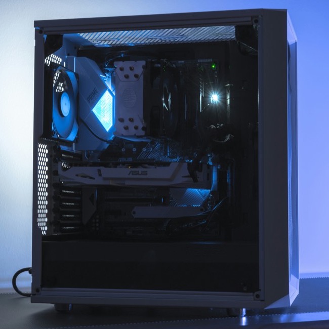 Custom gaming PC build with blue interior lighting