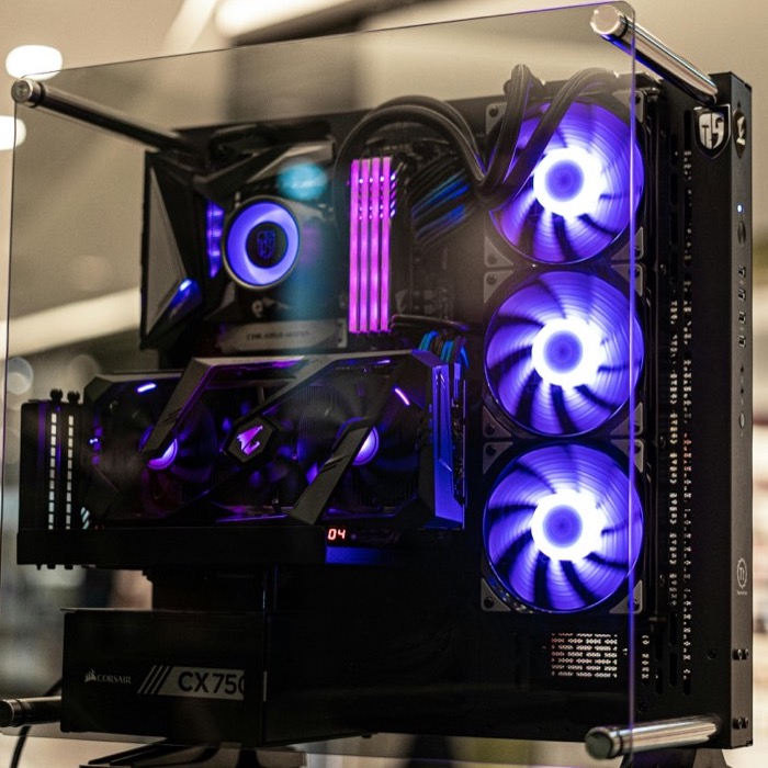 Custom creator workstation build with purple interior lighting